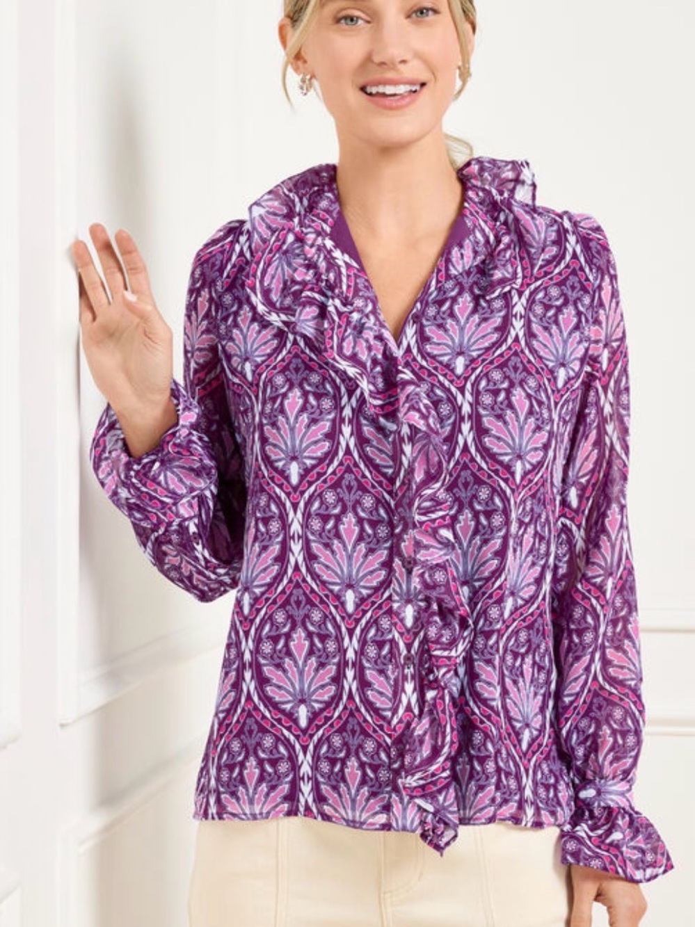 Talbots Purple Floral Ruffle Tie-Neck Blouse